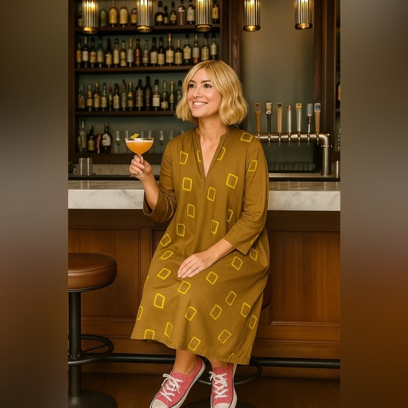 Neirami Oversized Artsy Camel Geometric Yellow Print Midi Dress in S Lagenlook - Picture 1 of 15